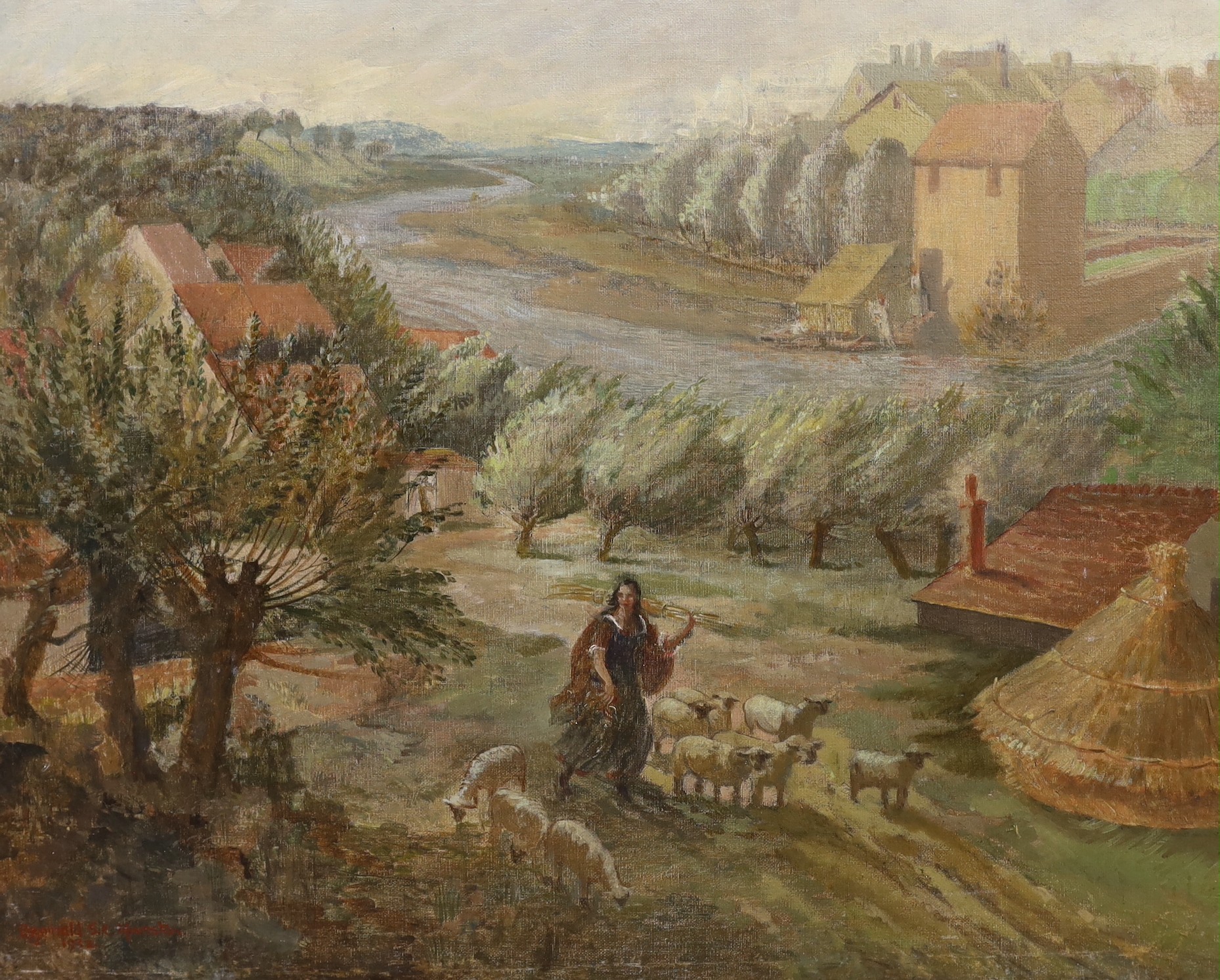 Reginald St. Clair Marston (1886-1943), oil on canvas, Shepherdess in a landscape, signed and dated 1932, 58 x 73cm, unframed